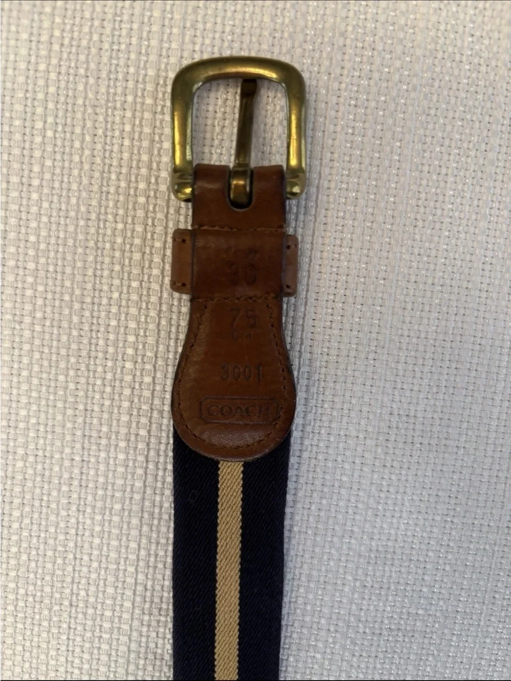 COACH Navy Blue & Beige Strip Women Size 30 Cotton & Leather Surcingle Belt 75cm